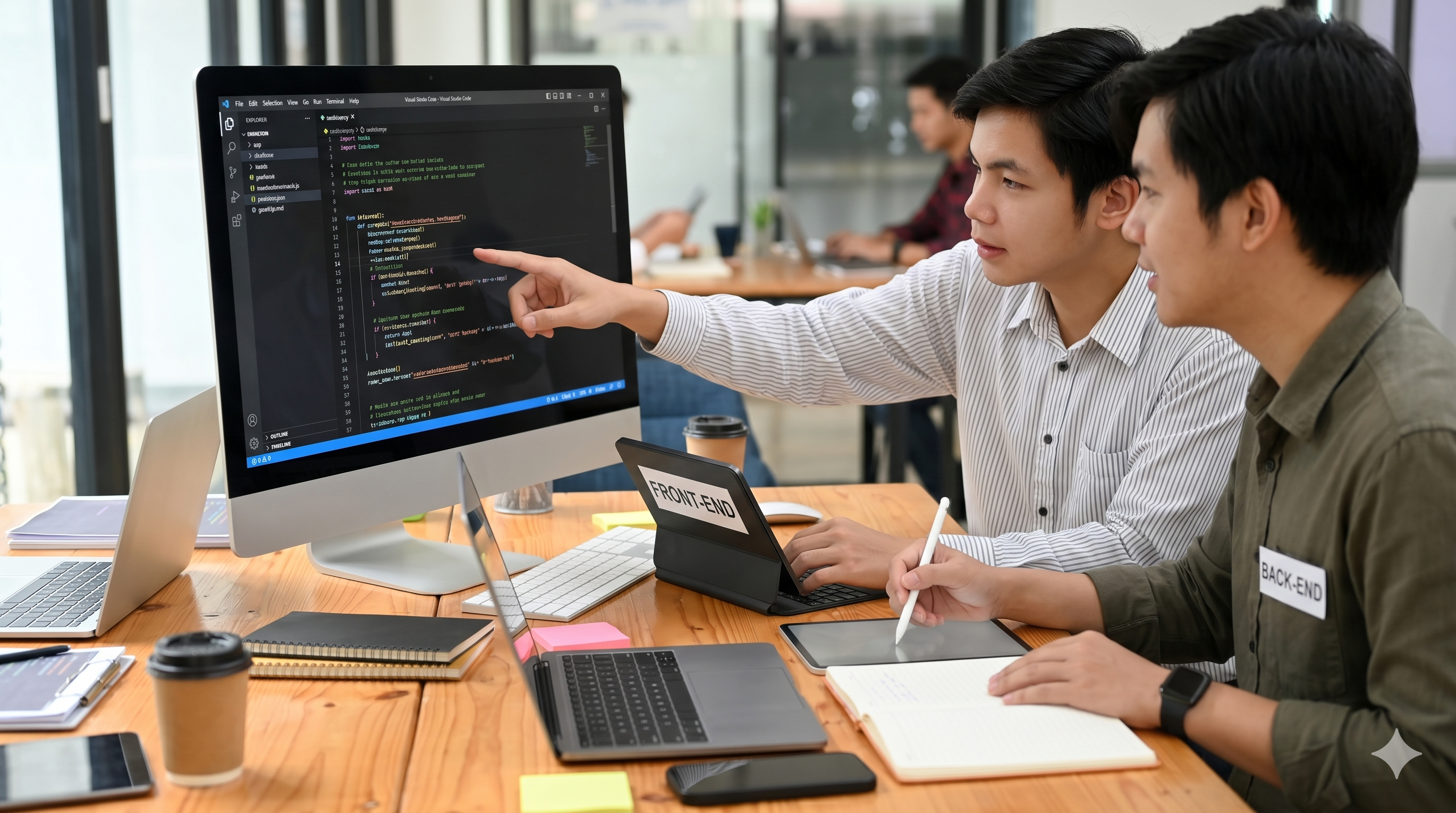 Desenvolvedores da T&J Software trabalhando em conjunto no sistema